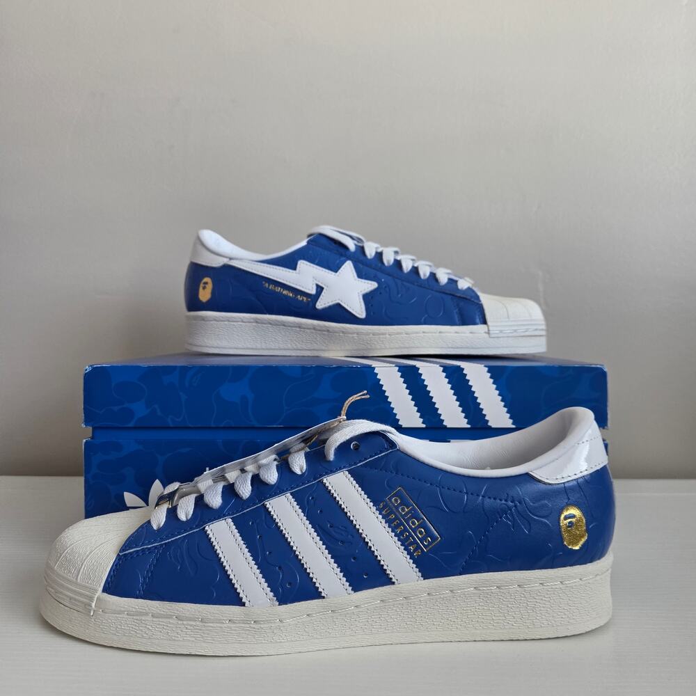 NEW Adidas x BAPE Superstar Blue White Size Men's 10 JR2702 Brand DAMAGED BOX